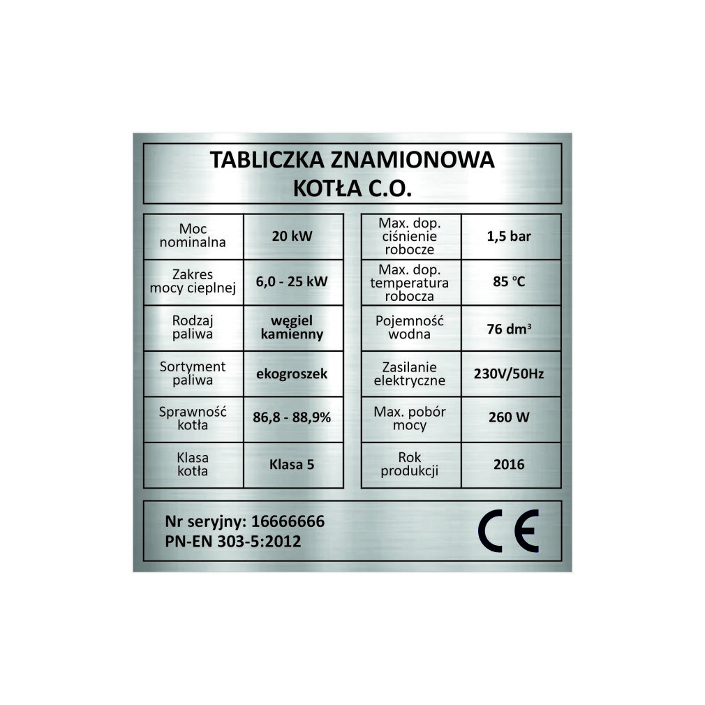 Zastępcza tabliczka znamionowa kocioł centralnego ogrzewania