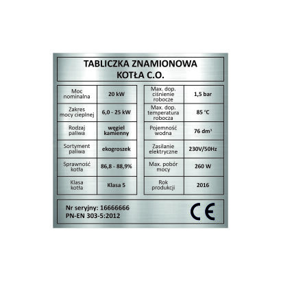 Zastępcza tabliczka znamionowa kocioł centralnego ogrzewania